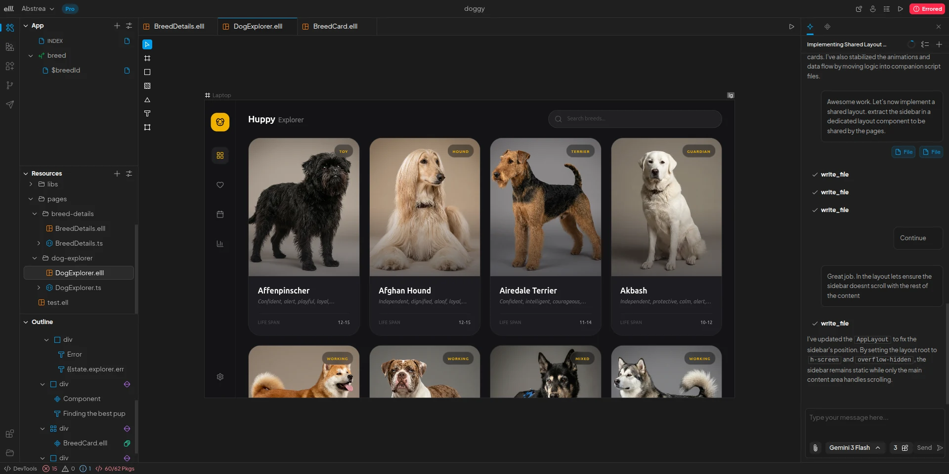 Elll's IDE with a project explorer, a visual canvas showing a dog-breed explorer app, and an AI assistant panel